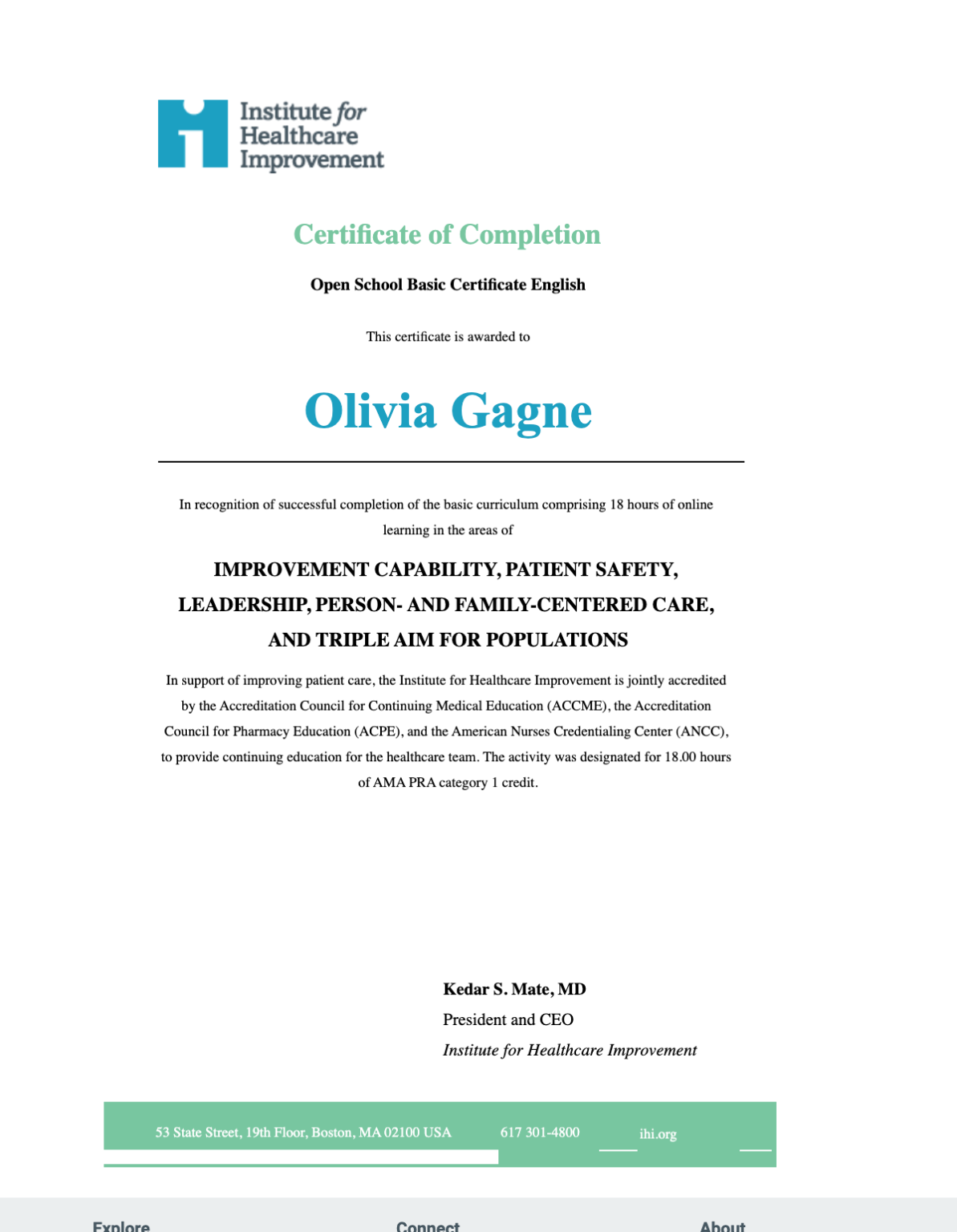 IHI Basic Course Completion Certificate Olivia's Site